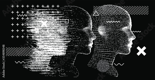 Silhouette of a human head. Conceptual image of AI (artificial intelligence), VR (virtual reality), Deep Learning  and Face recognition systems. Cyberpunk style vector illustration.