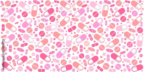 Medicine seamless pattern. Pink tablets with capsules. Image for pharmaceutical industry. Medicine vintage pattern. Natural vitamin pills. Alternative medicine. Illustration