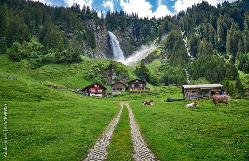 Beautiful landscape panorama from Swiss Alps, with cows, waterfall, meadow and farm houses. Taken in Äsch (Asch) village, canton of Uri, Switzerland. 