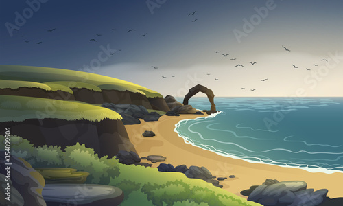 Sea coast landscape vector background. Sandy beach with rocks and cliffs. Scottish sea coast.