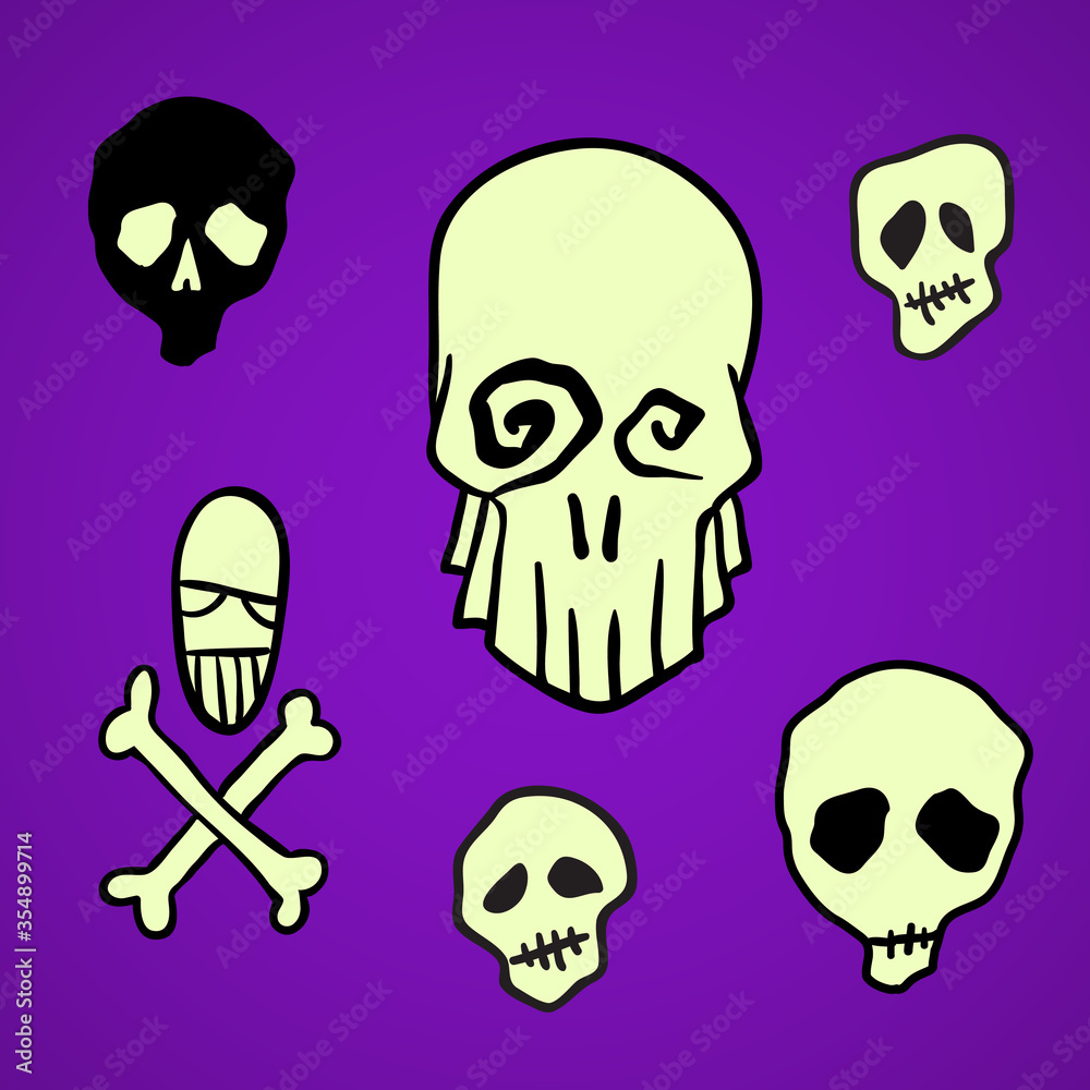 Skulls, hand drawn Halloween celebration design elements set