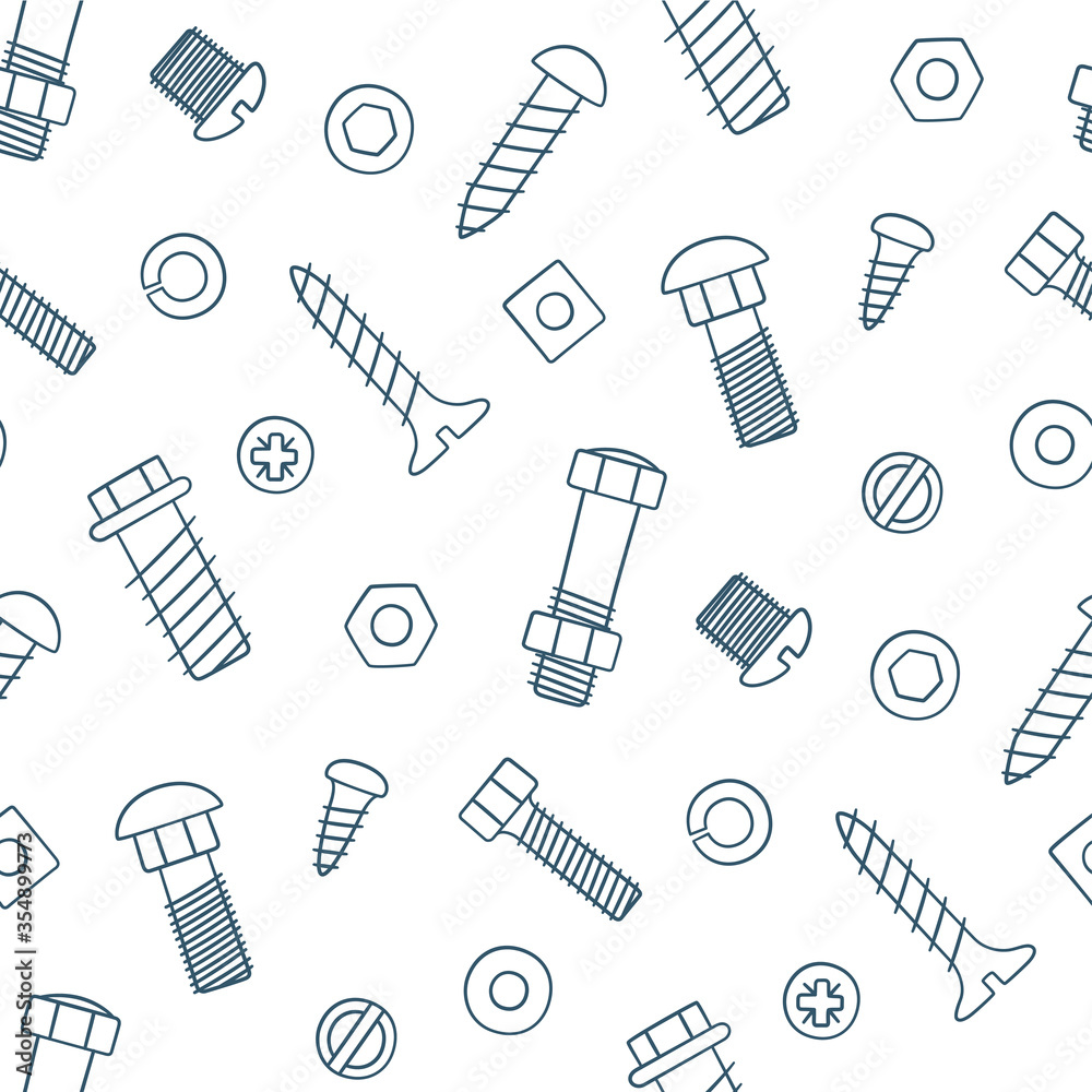 Seamless pattern of fasteners. Bolts, screws and nuts in doodle style