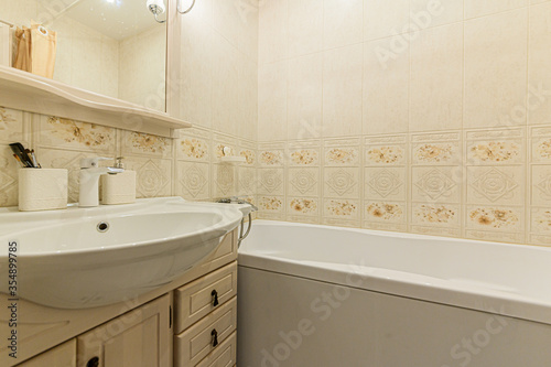 Russia  Moscow- January 27  2020  interior room apartment modern bright cozy atmosphere. general cleaning  bathroom  sink  decoration elements  toilet