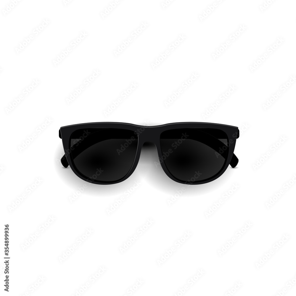 Black sunglasses, top view. Stylish sunglasses realistic 3D glasses isolated on a white background Black sunglasses, top view. Stylish sunglasses realistic 3D glasses isolated on a white background