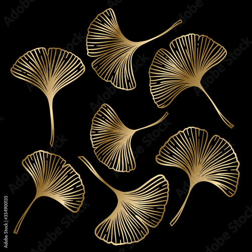 Golden ginkgo biloba leaves set