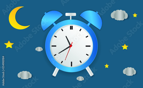 day night concept clock face vector illustration. Blue sky with clouds and sun. Moon and stars in the night