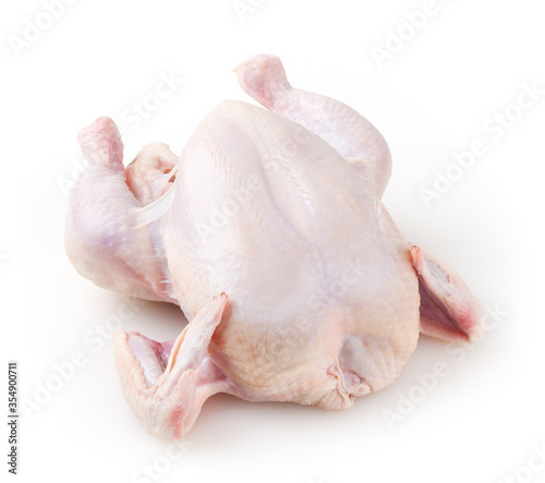 Whole fresh raw chicken isolated on white background