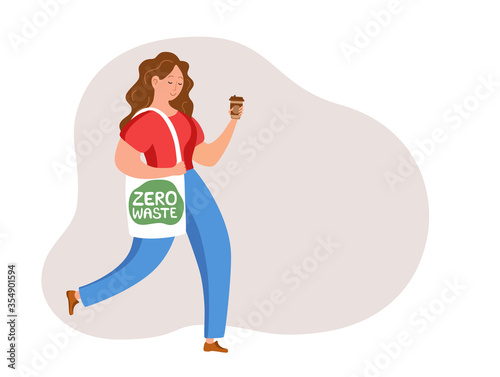 Young girl caring reusable cotton shopping bag vector illustration.