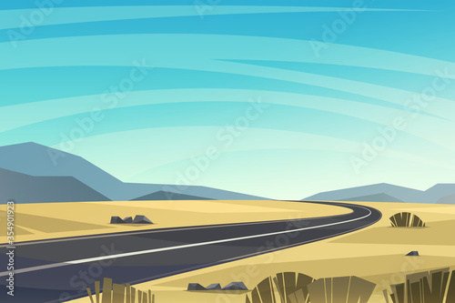 Asphalt road passing through the desert, vector background. Highway. © NMacTavish