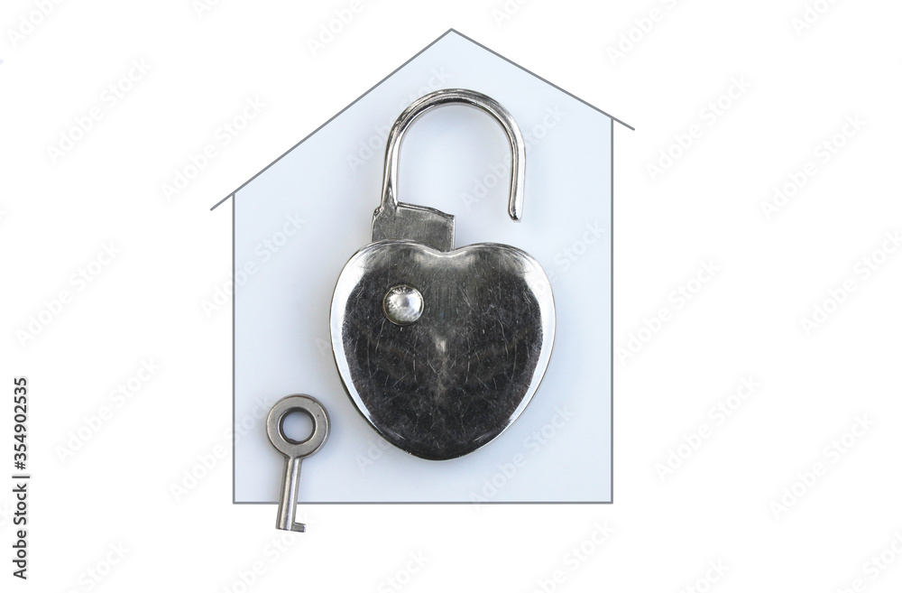 Abstract photo of padlock and key to it on white background with pattern of abstract house