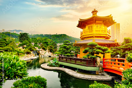 Chi Lin Nunnery of Nan Lian Garden situated at Diamond hill, Hong Kong, China during sunset