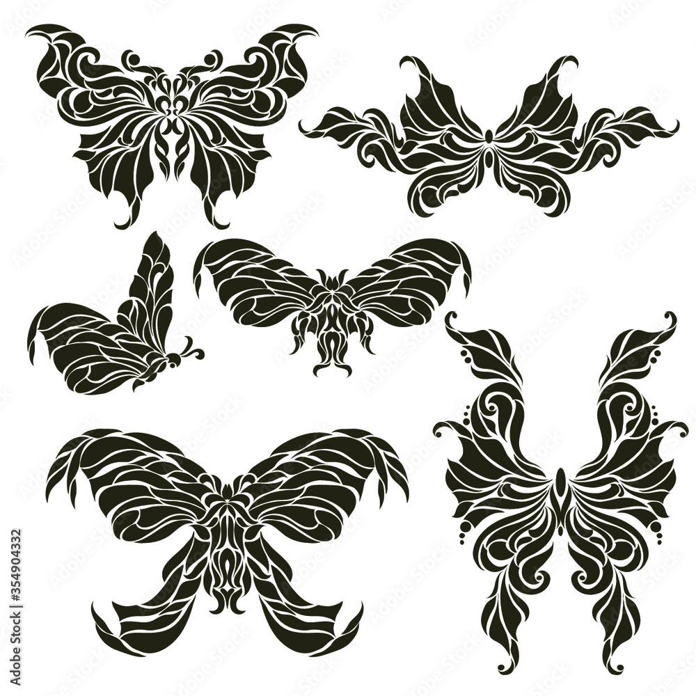 set of black and white butterflies set of black and white butterflies