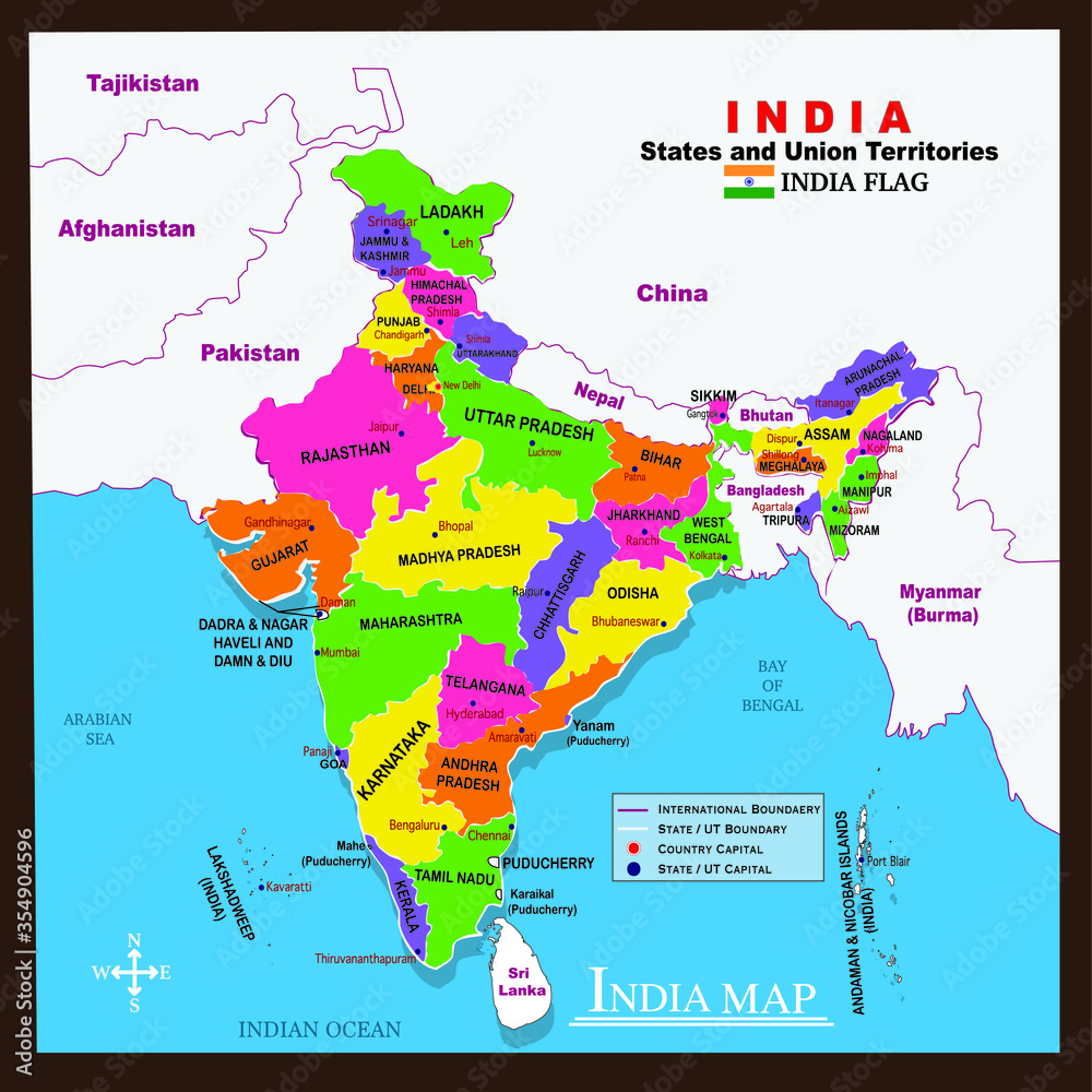 India Map detailed illustration , Asia with all states and country ...