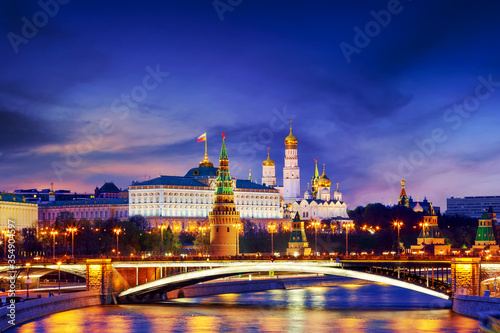 View of Kremlin during colorful sunset in Moscow, Russia