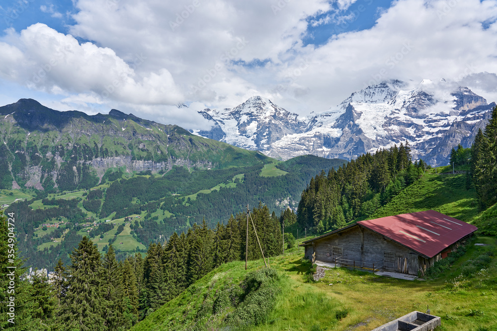 Swiss Alps landscape panorama with green nature and snowy mountains. Taken from Grütschalp - Mürren train, above Lauterbrunnen valley, Bernese Highlands, canton of Bern, Switzerland       