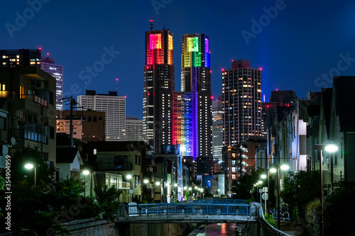 東京都庁 夜景 七色のライトアップ 神田川 花見橋から 中野区 Foto De Stock Adobe Stock