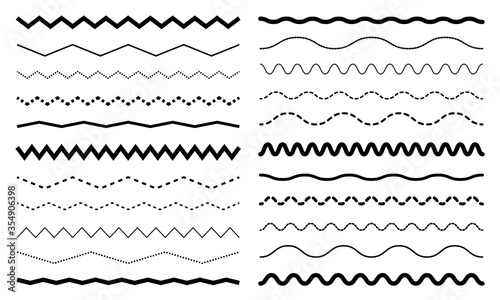 Seamless wavy zigzag dotted line set. Graphic design elements collection for decoration. Horizontal curvy squiggles