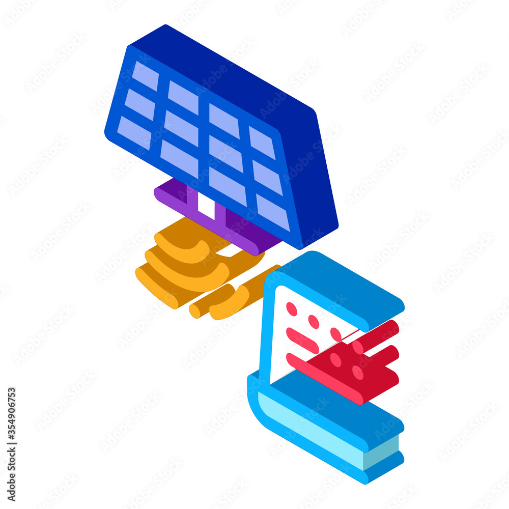 solar signal transmission to computer icon vector. isometric solar ...