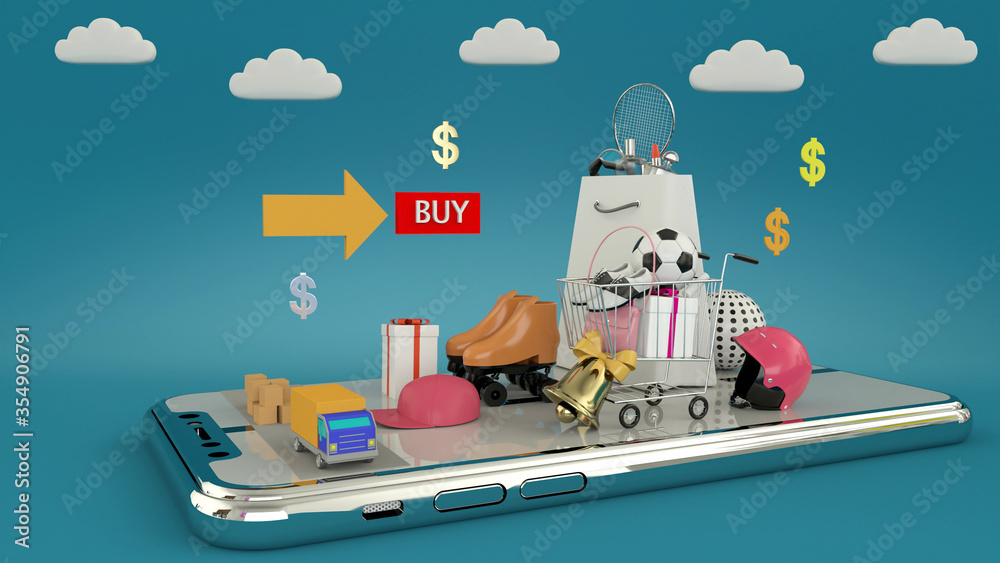 Obraz premium 3d rendering. 3d Illustration Smartphone to enter content surrounded by shopping bags, shopping carts on background. 