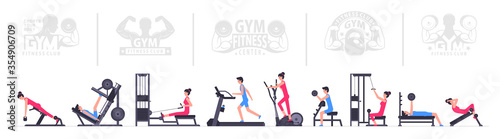 Gym interior. Sport Gym Interior. Fitness club. People working out using sports equipment and machines. Healthy lifestyle