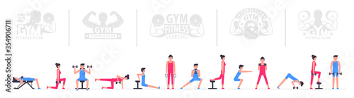 Gym interior. Sport Gym Interior. Fitness club. People working out using sports equipment and machines. Healthy lifestyle