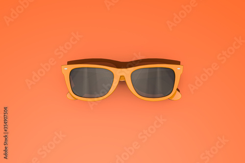 3d rendering summer concept. Orange sun glasses on orange background. Sunlight, travel. Border closure, travel restrictions. Copy space