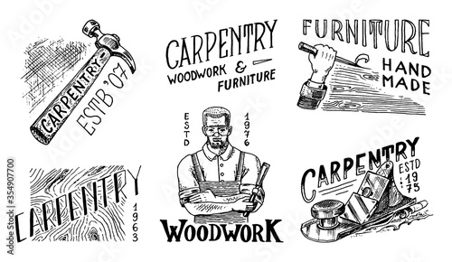 Wooden labels set for Workshop or signboards. Woodworker carpenter man, joiner and Hammer. Vintage logo, Badges for typography or t-shirts. Hand Drawn engrave sketch.