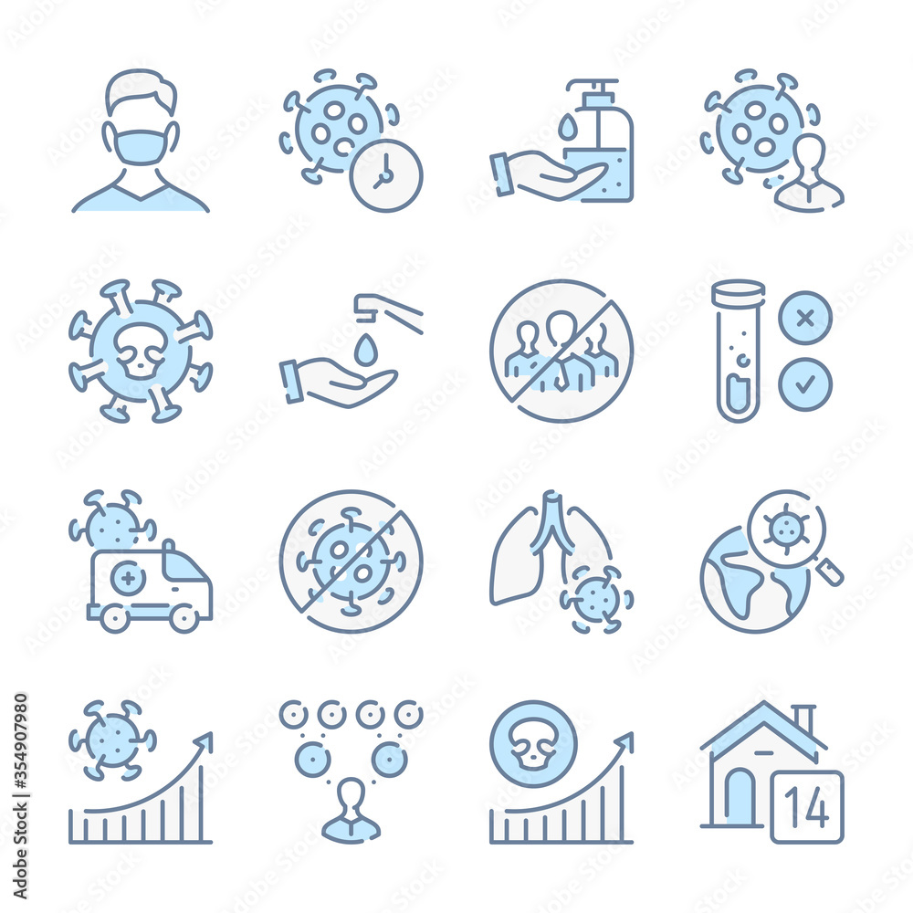 Transmission of coronavirus disease related blue line colored icons. Coronavirus disease and quarantine icon set.