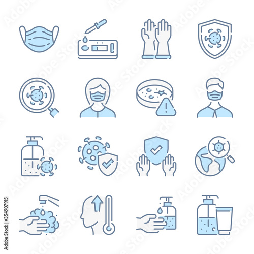 Virus and coronavirus and Covid test related blue line colored icons. Covid-19 prevention and Medical mask icon set.