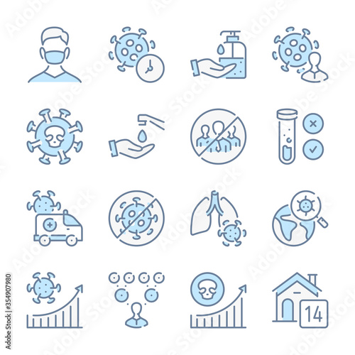 Transmission of coronavirus disease related blue line colored icons. Coronavirus disease and quarantine icon set.