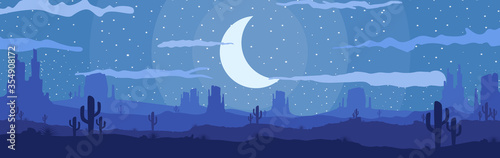 Vector illustration of Western Texas desert panoramic view on night time with mountains, cactus with star and moon on the sky in flat cartoon style © prakasit