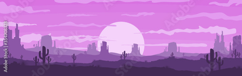 Vector illustration of sunset and twilight desert panoramic view with mountains and cactus - flat cartoon style