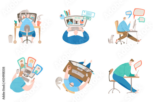 Set of working at home character concept: a man joins to online meeting sitting at the big computer monitor in a cozy home workspace with pets and plants. Vector illustration in flat style.