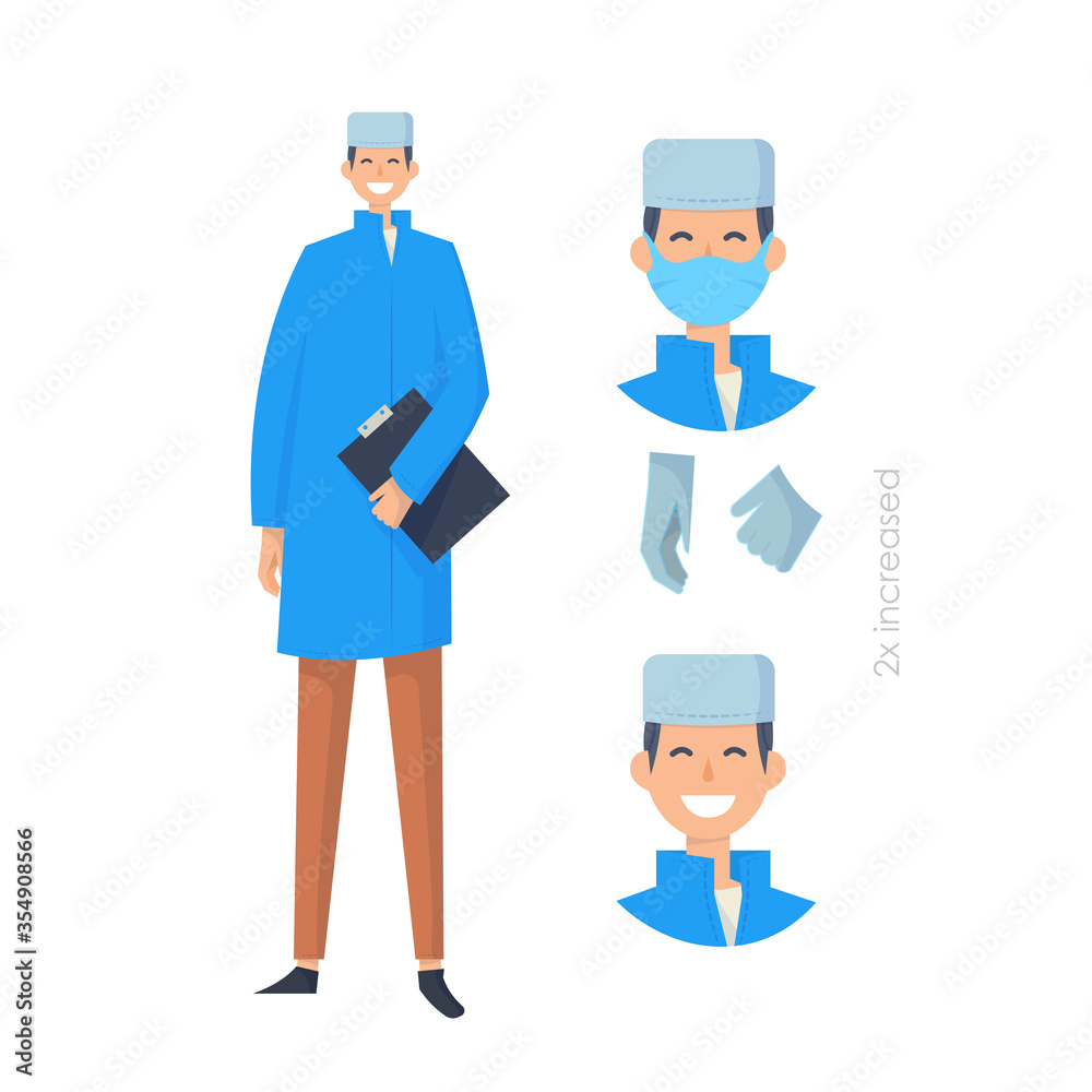 Doctors without mask and in mask. Medical workers on a white. Hospital staff. Ophthalmologist. Vector illustration in a flat style. Trendy people. Doctors without mask and in mask. Medical workers on a white. Hospital staff. Ophthalmologist. Vector illustration in a flat style. Trendy people.