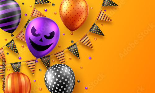 Halloween background with scary air balloons and flag garlands. Greeting card, party invitation or sale banner template