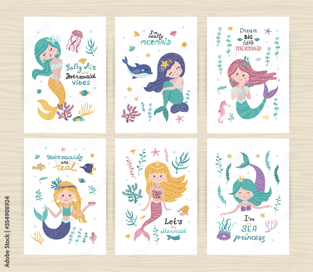 Set of posters with mermaids, starfish, seaweed and coral