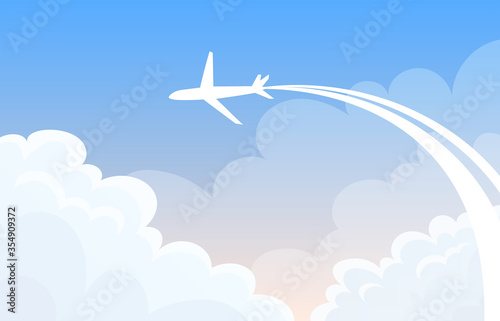 Flying airplane in the sky. Plane among the white clouds.