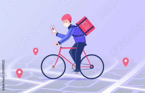 Courier ride bicycle and wearing mask delivery package carry to address destination following gps navigation