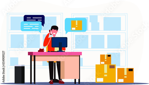 checking the package in the warehouse by male workers at the computer vector flat illustration design