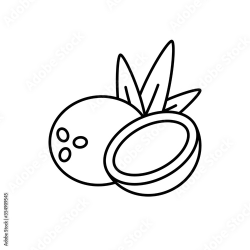 Coconut. Half and whole nut with leaves. Cartoon line art icon, exotic tropical fruit. Black food packaging design. Contour isolated vector illustration, white background. Natural vegan product emblem