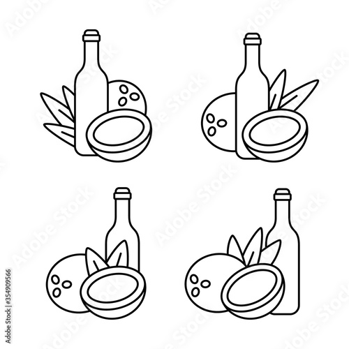 Coconut water, milk or butter icon set. Bottle, tropical fruit, leaves. Linear emblem of vegan drink, massage oil package. Black body cosmetic illustration. Contour isolated vector, white background