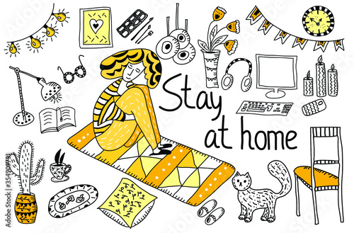 Cute vector hand drawn doodle set about coronavirus.  Stay at Home. Quarantine positive line icons, home elements. Isolated on white background.