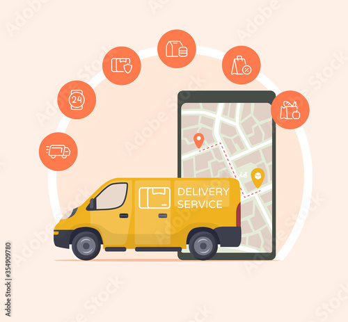 Delivery service transportation van fast reliable 24-hour food and beverage groceries shopping documents tracking location with gps modern flat cartoon style.