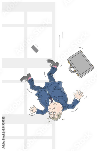 Business failure, an insolvent businessman with his briefcase falling down from a window of an office building, vector cartoon illustration isolated on a white background