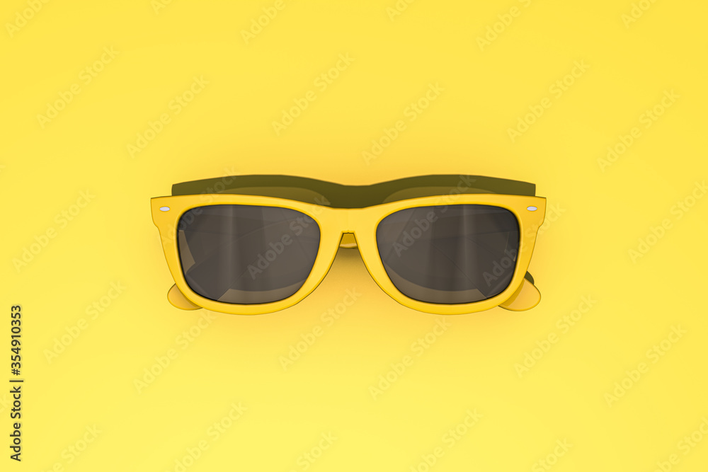 3d rendering summer concept. Yellow sun glasses on yellow background. Sunlight, travel. Border closure, travel restrictions. Copy space