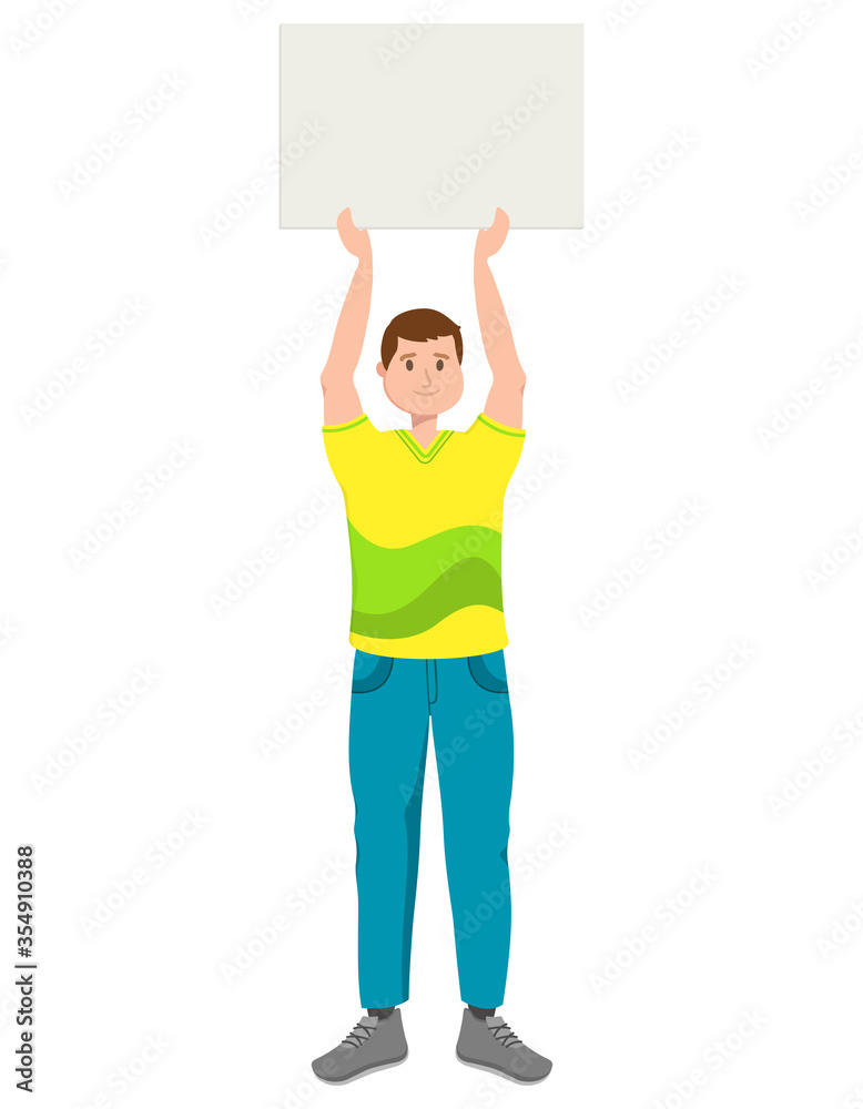 Man holding blank banner. Male character in cartoon style. Man holding blank banner. Male character in cartoon style.