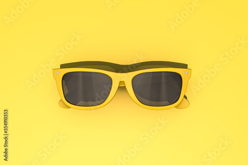3d rendering summer concept. Yellow sun glasses on yellow background. Sunlight, travel. Border closure, travel restrictions. Copy space