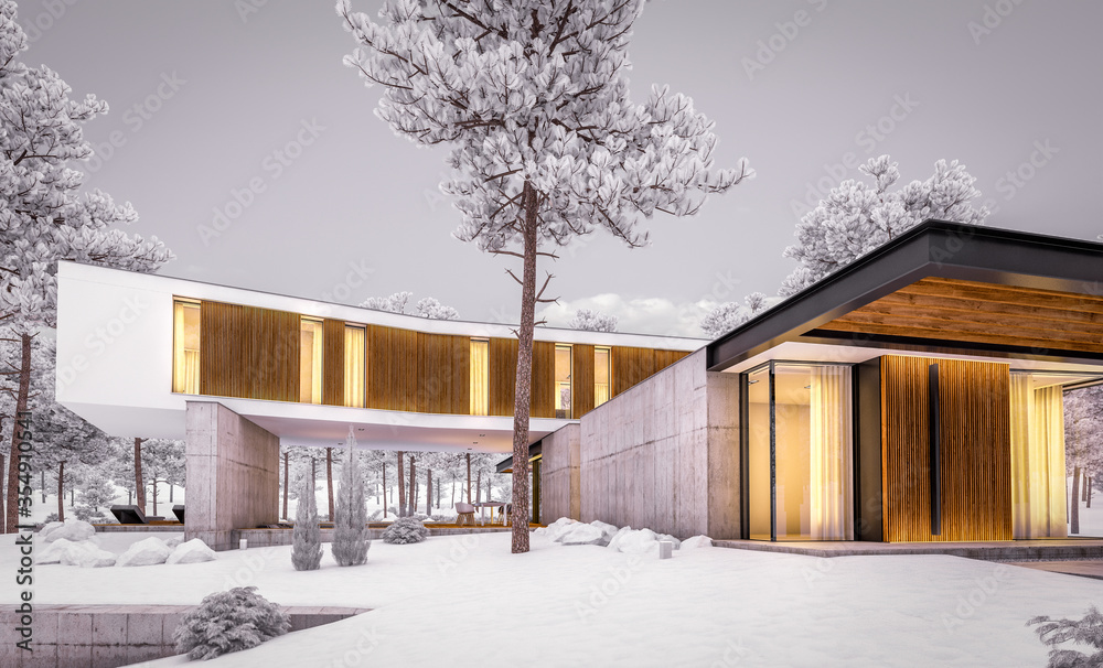 3d rendering of modern cozy house on the hill with garage and pool for sale or rent with beautiful landscaping on background. Cool winter evening with cozy light inside.