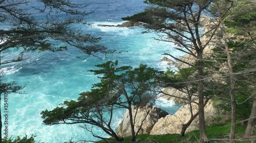 Majestic Big Sur coastline waves crashing on the cliff rocks at California's Highway 1 scenic drive