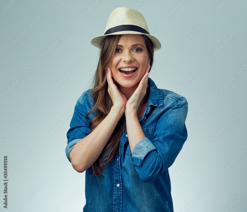 happy young woman in hat. happy young woman in hat.